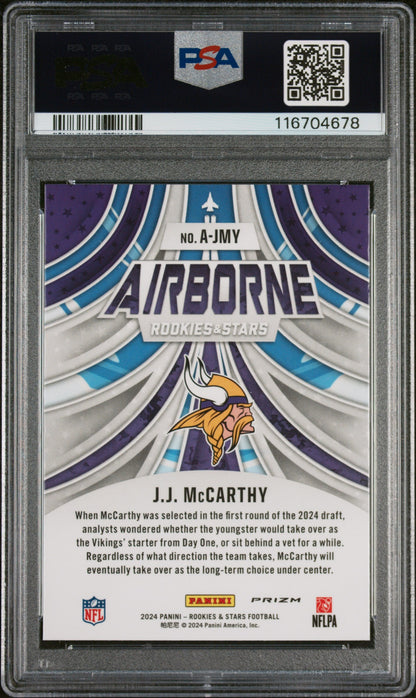 Graded 2024 Panini Rookies & Stars JJ McCarthy #AJMY Airborne Red Plaid Rookie RC Football Card PSA 10 Gem Mint