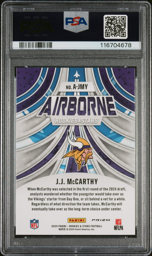 Graded 2024 Panini Rookies & Stars JJ McCarthy #AJMY Airborne Red Plaid Rookie RC Football Card PSA 10 Gem Mint