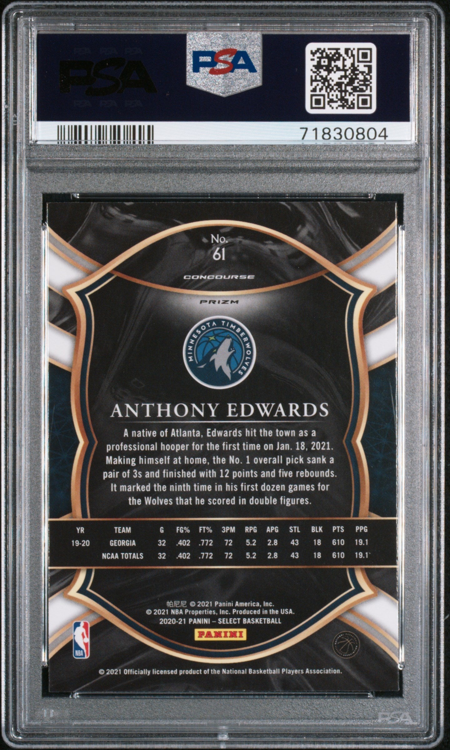 Graded 2020-21 Panini Select Anthony Edwards #61 Blue White Purple Cracked Ice Rookie RC Basketball Card PSA 10 Gem Mint