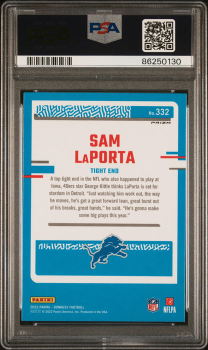 Graded 2023 Panini Donruss Sam LaPorta #332 Optic Preview Blue Scope Rookie RC Football Card PSA 10 Gem Mint