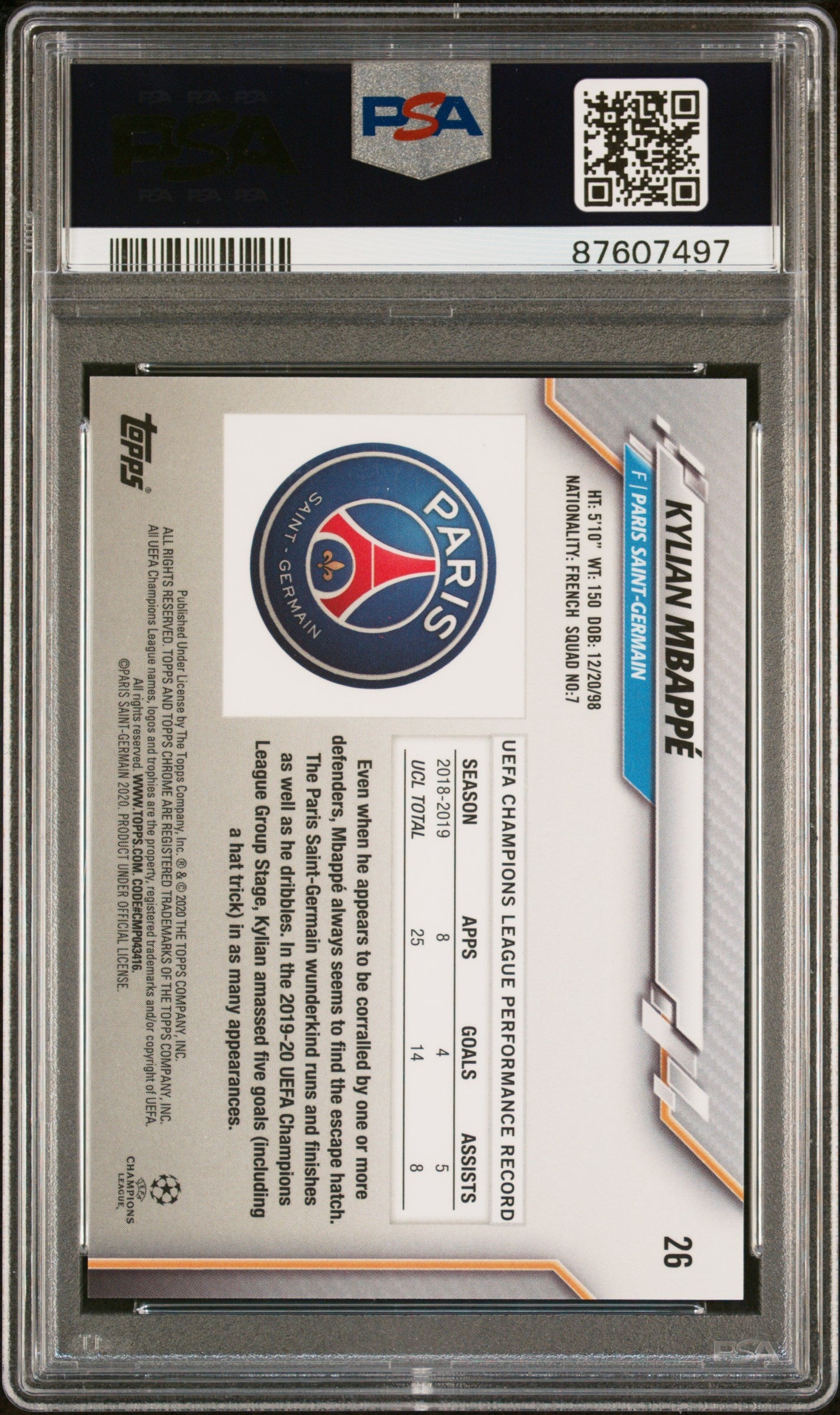 Graded 2019 Topps Chrome UCL Kylian Mbappe #26 Sapphire Edition Soccer Card PSA 10 Gem Mint