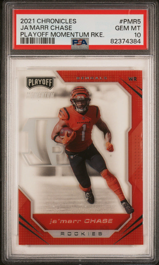 Graded 2021 Panini Chronicles Ja'Marr Chase #PMR5 Playoff Momentum Rookie RC Football Card PSA 10 Gem Mint