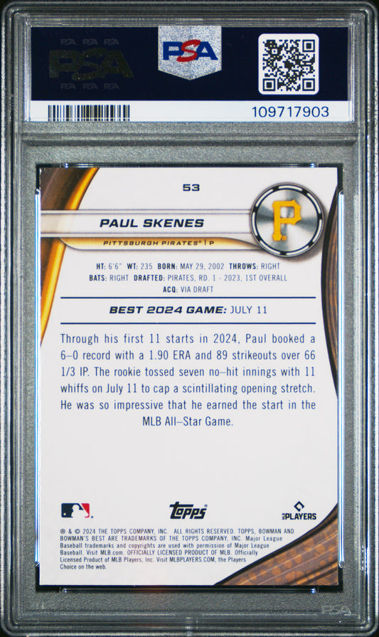 Graded 2024 Topps Bowmans Best Paul Skenes #53 Purple Mojo /250 Rookie RC Baseball Card PSA 10 Gem Mint