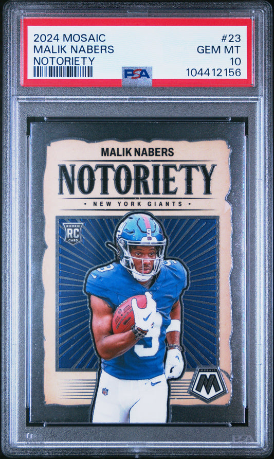 Graded 2024 Panini Mosaic Malik Nabers #23 Notoriety Rookie RC Football Card PSA 10 Gem Mint