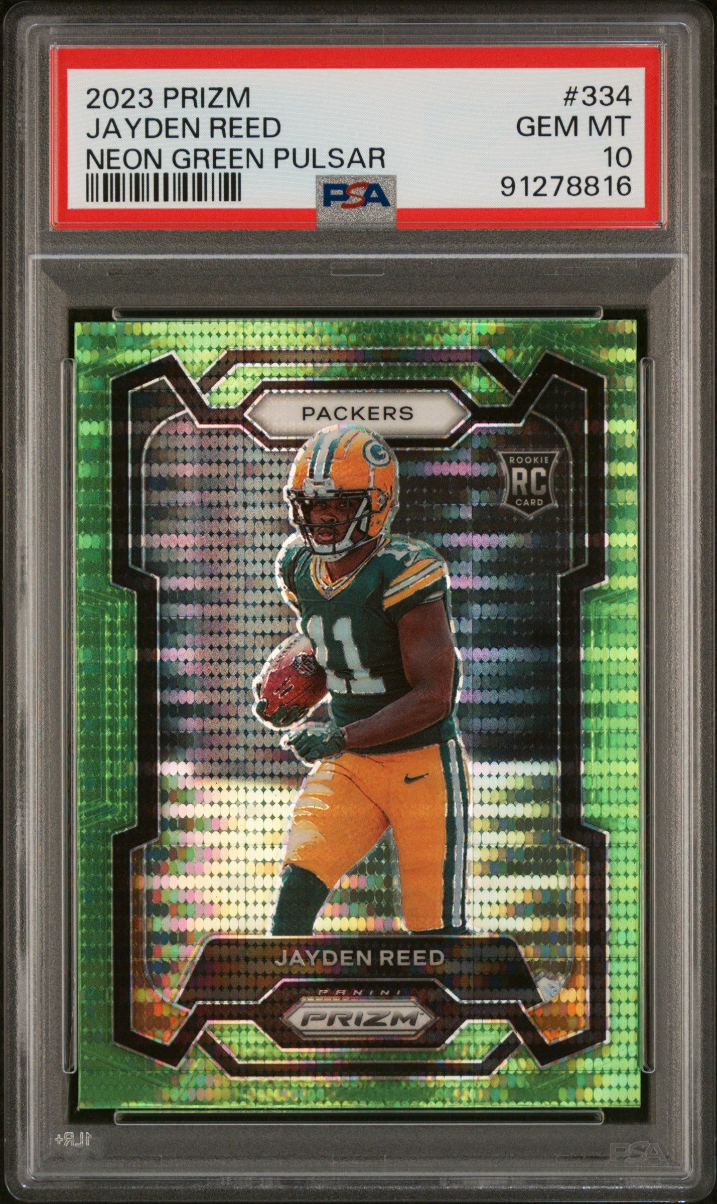 Graded 2023 Panini Prizm Jayden Reed #334 Neon Green Pulsar Rookie RC Football Card PSA 10 Gem Mint