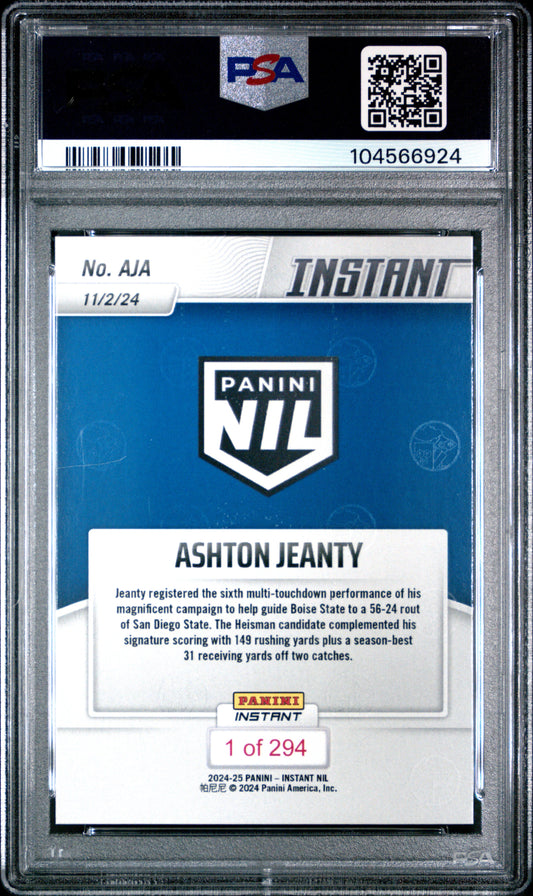 Graded 2024 Panini Instant NIL Ashton Jeanty #AJA Rookie RC Football Card PSA 10 Gem Mint