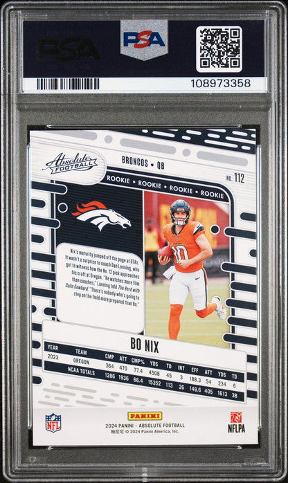 Graded 2024 Panini Absolute Bo Nix #112 Black Rookie RC Football Card PSA 9 Mint