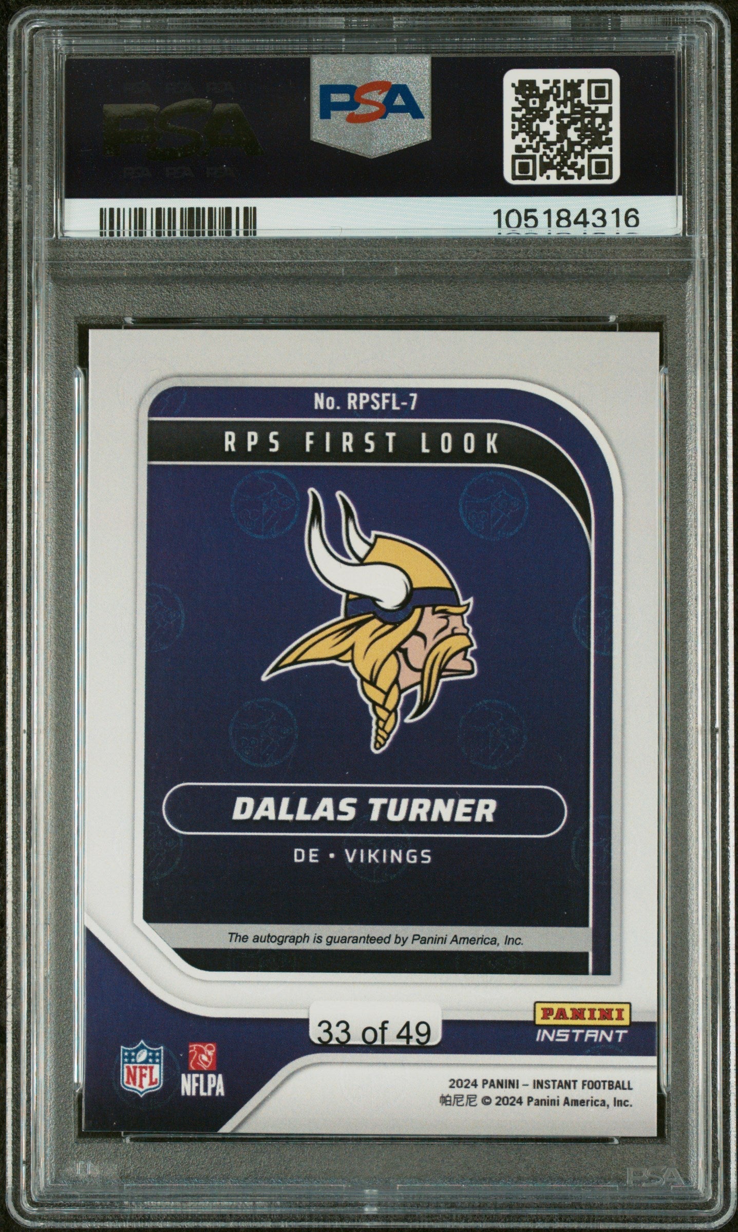 Graded 2024 Panini Instant NFL Dallas Turner #RPSFL7 RPS First Look /49 Rookie RC Football Card PSA 10 Auto Grade Gem Mint