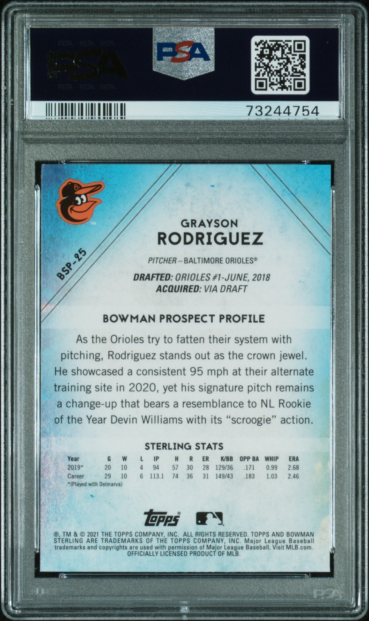 Graded 2021 Topps Bowman Sterling Grayson Rodriguez #BSP25 Rookie RC Baseball Card PSA 10 Gem Mint