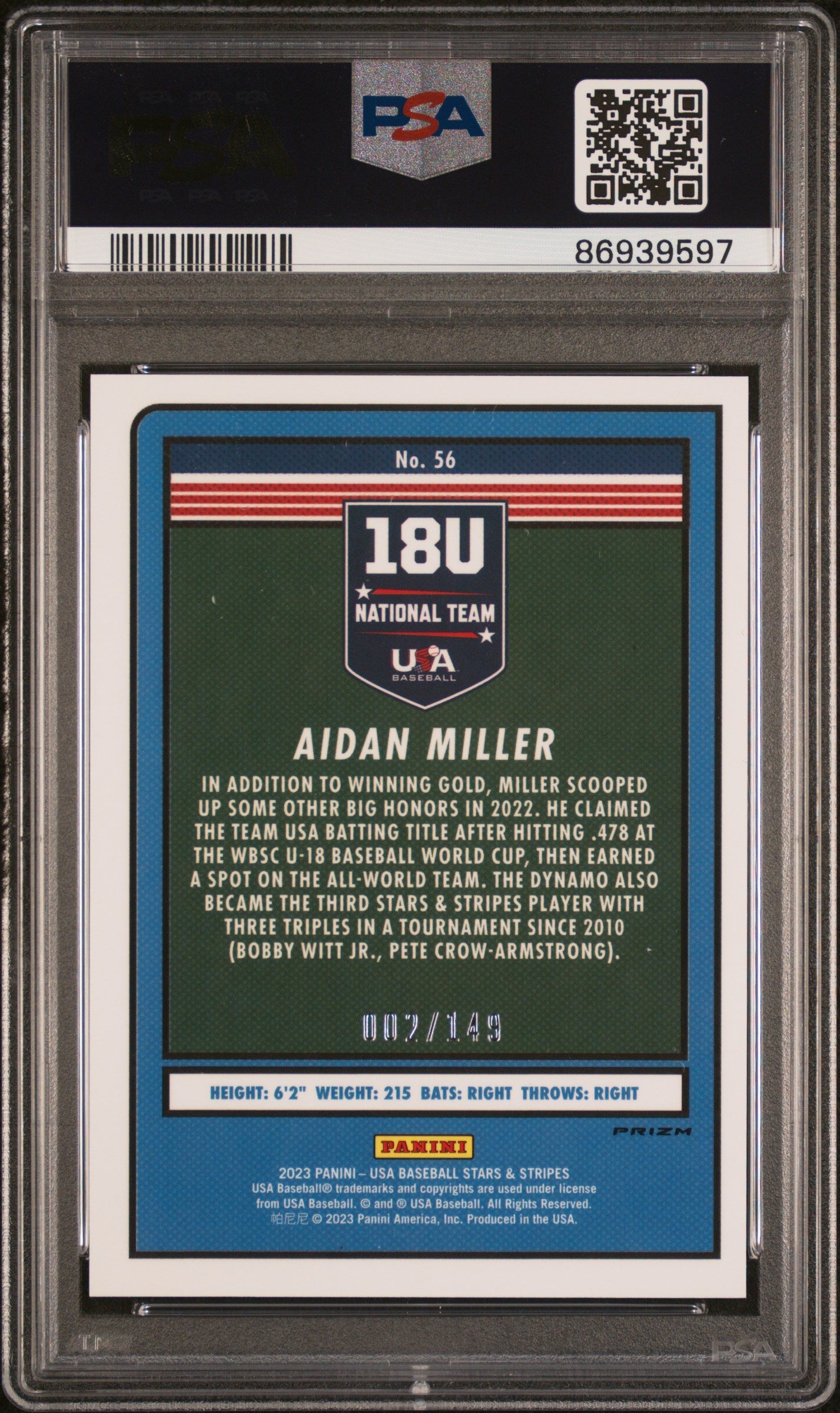 Graded 2023 Panini Stars & Stripes USA Aidan Miller #56 Red #/149 Rookie RC Baseball Card PSA 10 Gem Mint