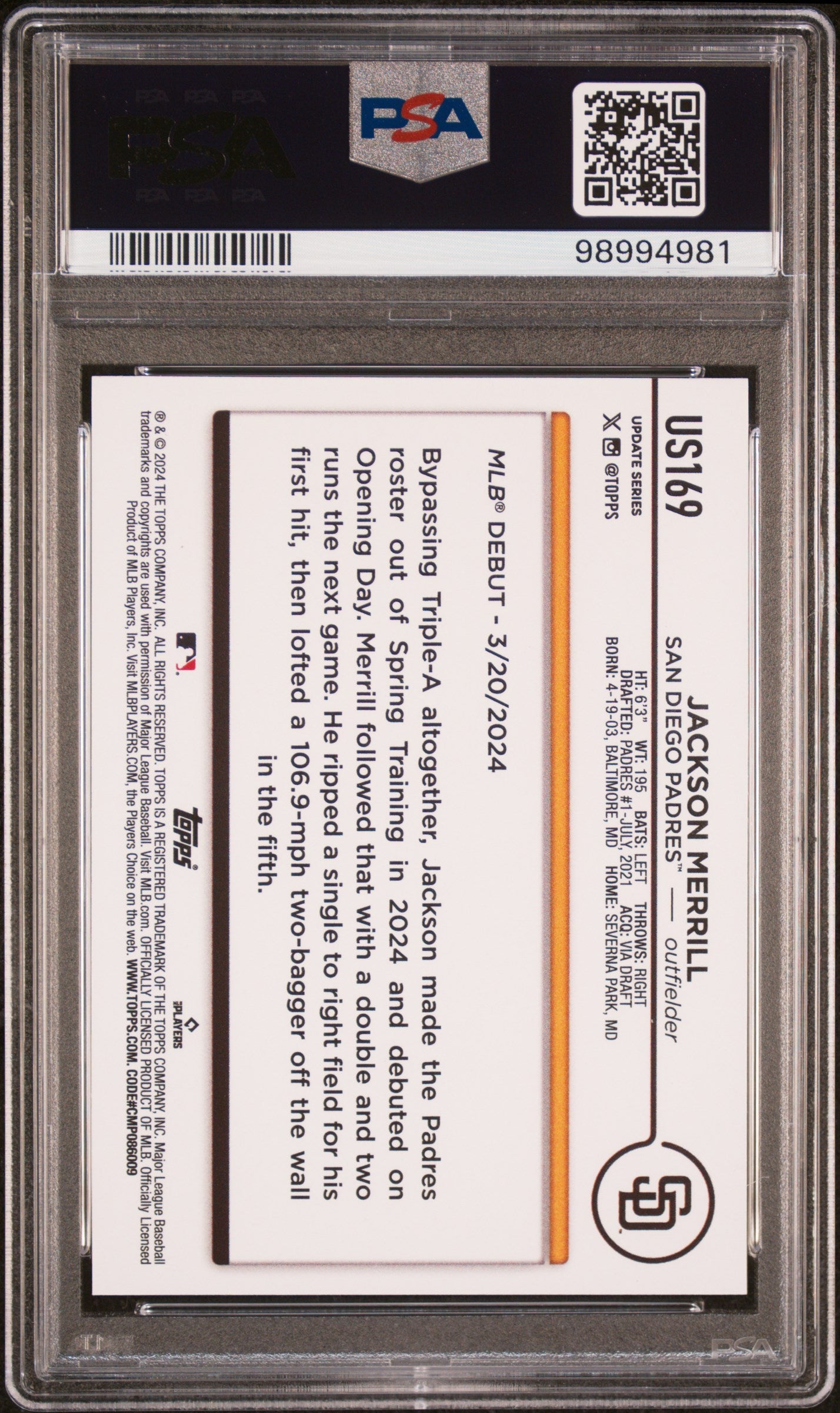 Graded 2024 Topps Update Jackson Merrill #US169 Rookie RC Baseball Card PSA 10 Gem Mint