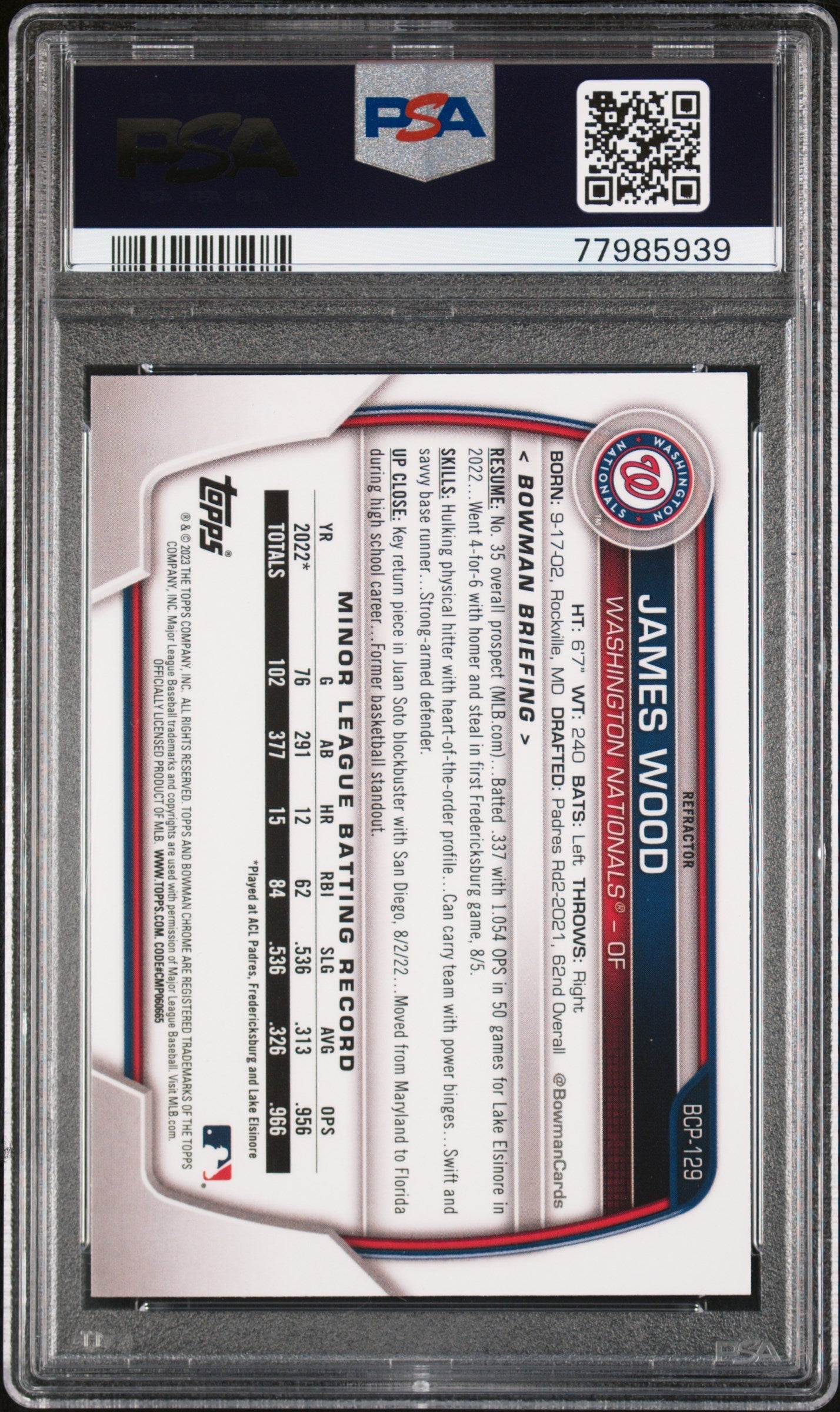Graded 2023 Topps Bowman James Wood #BCP129 Chrome Prospects Lunar Glow Refractor Rookie RC Baseball Card PSA 10 Gem Mint