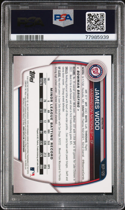 Graded 2023 Topps Bowman James Wood #BCP129 Chrome Prospects Lunar Glow Refractor Rookie RC Baseball Card PSA 10 Gem Mint