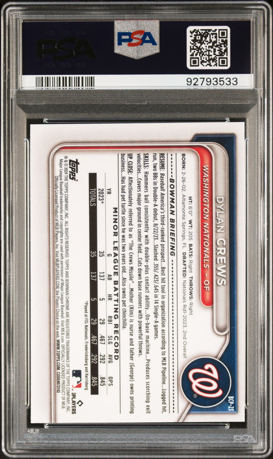 Graded 2024 Topps Bowman Dylan Crews #BCP23 Chrome Prospects Rookie RC Baseball Card PSA 10 Gem Mint