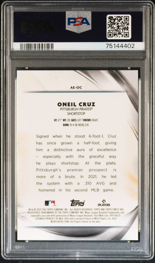 Graded 2022 Topps Finest Oneil Cruz #AEOC Aura of Excellence Rookie RC Baseball Card PSA 10 Gem Mint