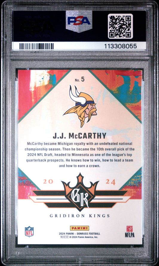 Graded 2024 Panini Donruss JJ McCarthy #5 Rookie Gridiron Kings Rookie RC Football Card PSA 10 Gem Mint