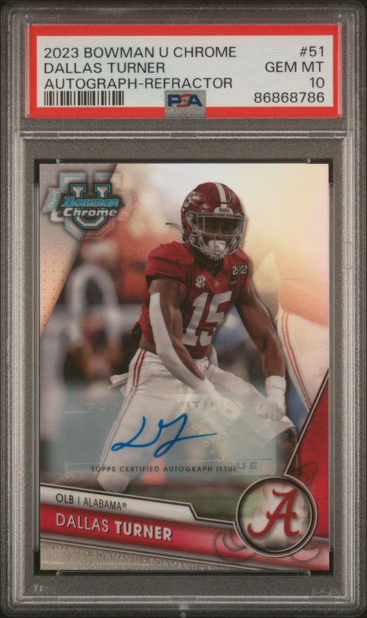 Graded 2023 Topps Bowman U Chrome Dallas Turner #51 Auto Refractor #/499 Rookie RC Football Card PSA 10