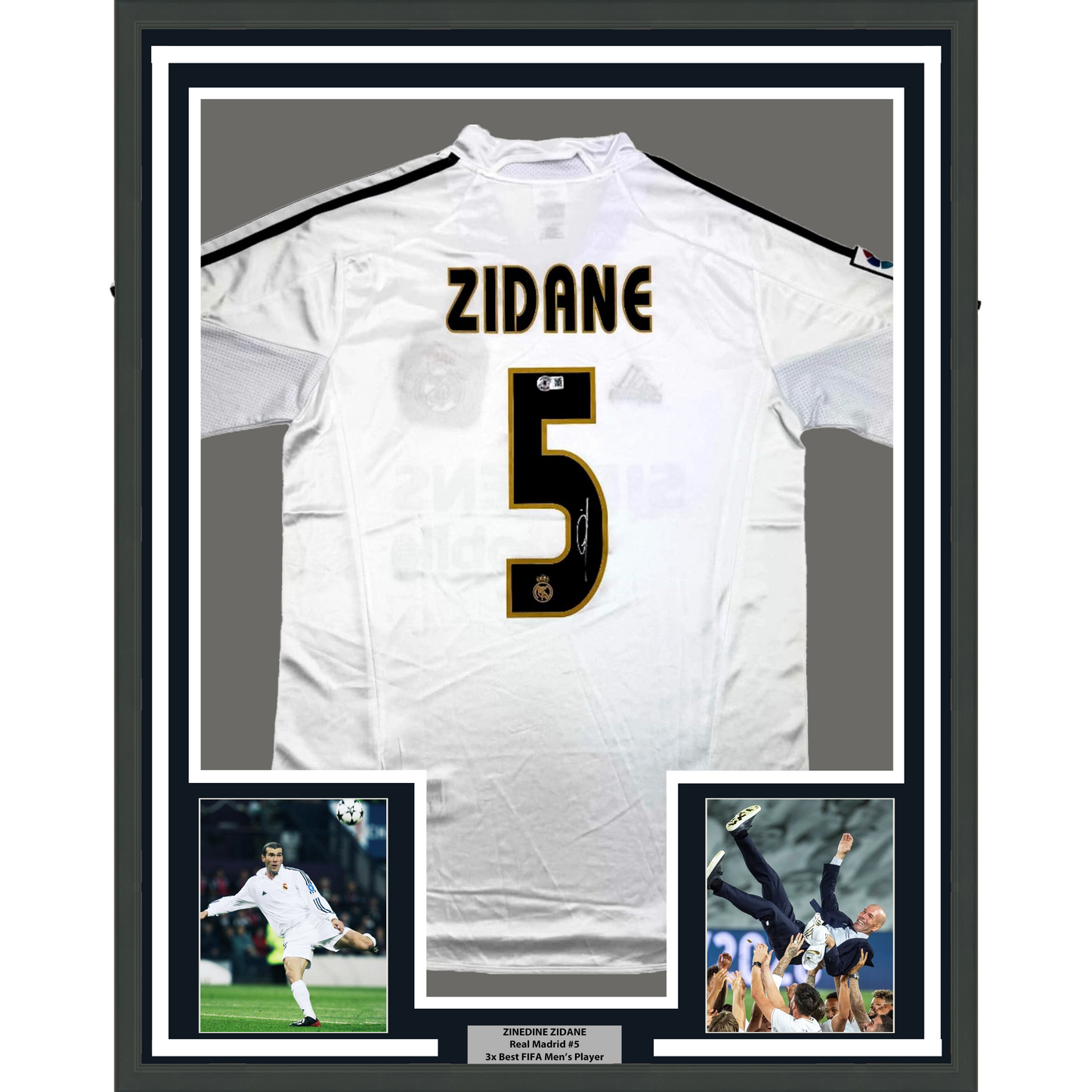 Framed Autographed/Signed Zinedine Zidane 35x39 Real Madrid White Soccer Jersey Beckett BAS COA