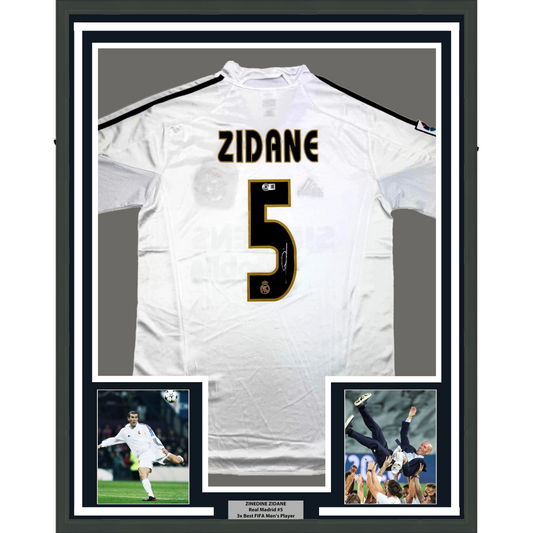 Framed Autographed/Signed Zinedine Zidane 35x39 Real Madrid White Soccer Jersey Beckett BAS COA