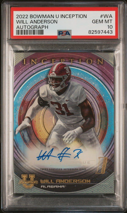 Graded 2022 Bowman U Inception Will Anderson #WA Autograph Rookie RC Football Card PSA 10 Gem Mint
