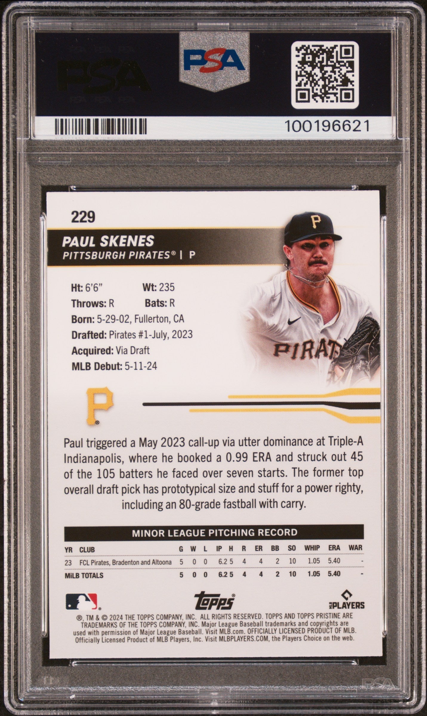 Graded 2024 Topps Pristine Paul Skenes #229 Rookie RC Baseball Card PSA 10 Gem Mint