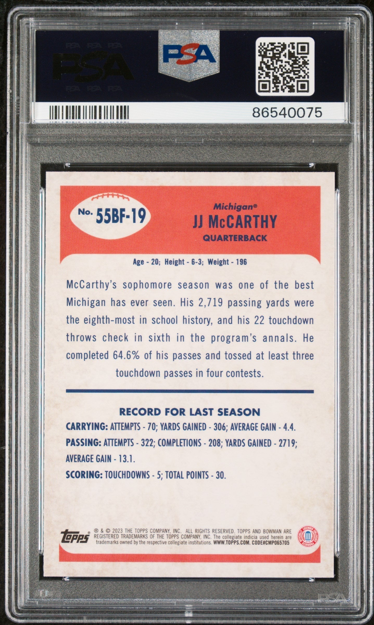 Graded 2023 Topps Bowman U Chrome JJ McCarthy #55BF19 1955 Bowman Rookie RC Football Card PSA 10 Gem Mint