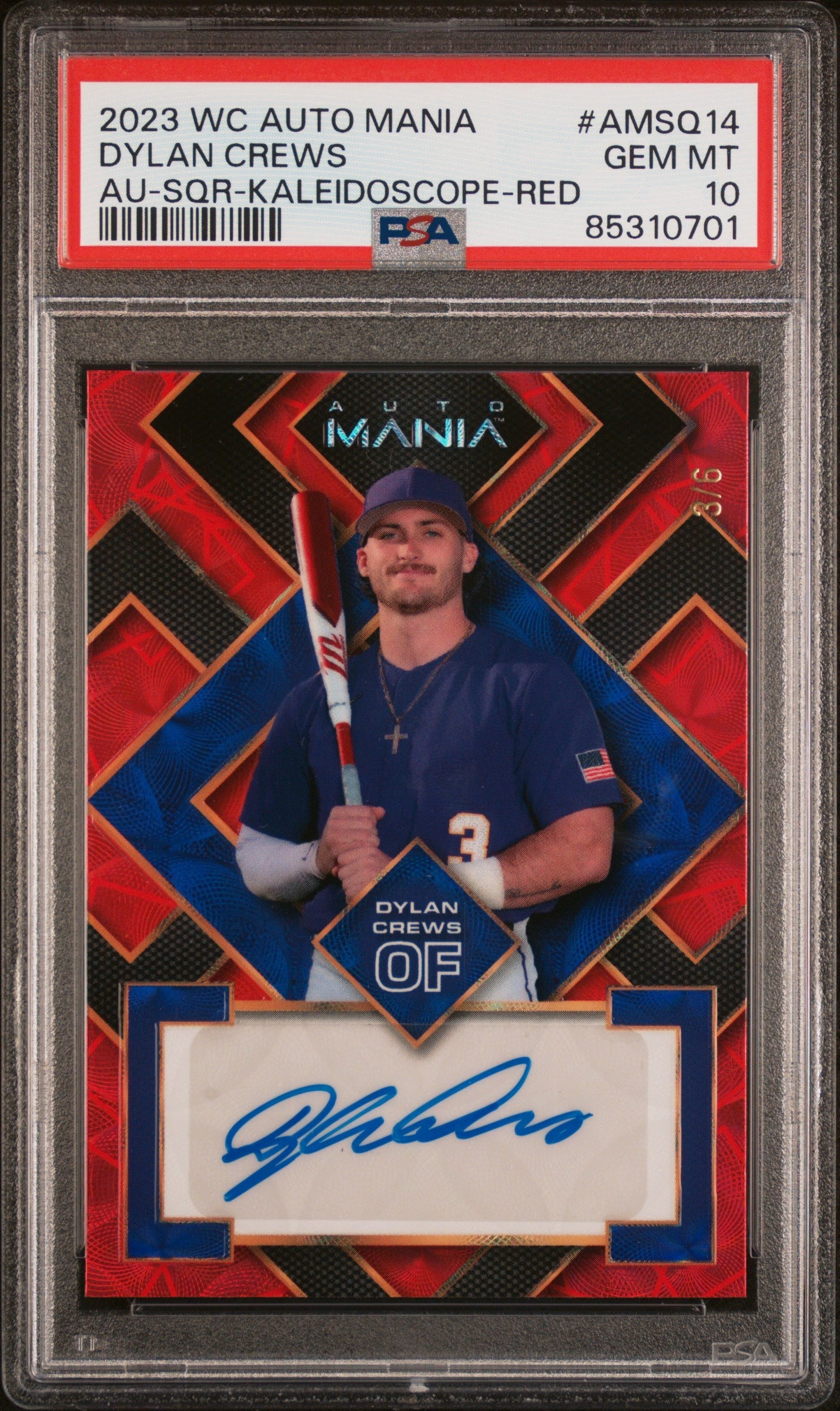 Graded 2023 Wildcard Auto Mania Dylan Crews #AMSQ14 Kaleidoscope Red AUTO #/6 Rookie RC Baseball Card PSA 10 Gem Mint
