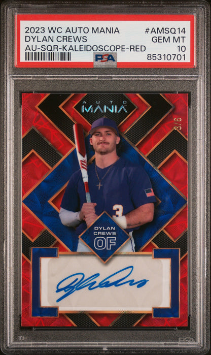 Graded 2023 Wildcard Auto Mania Dylan Crews #AMSQ14 Kaleidoscope Red AUTO #/6 Rookie RC Baseball Card PSA 10 Gem Mint