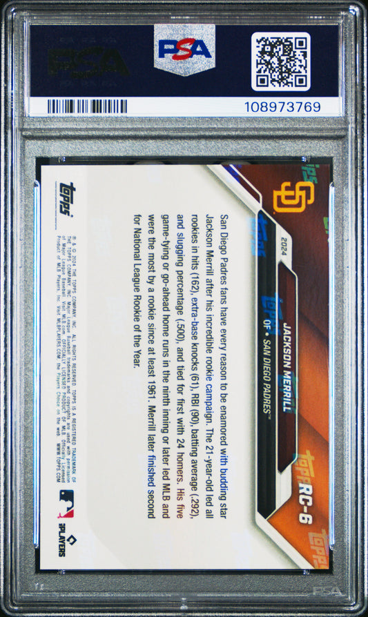 Graded 2024 Topps Now Jackson Merrill #RC6 Rookie Cup Team Set Black /99 Rookie RC Baseball Card PSA 10 Gem Mint