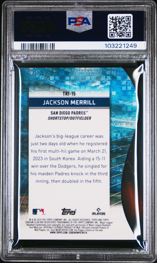 Graded 2024 Topps Stadium Club Jackson Merrill #TRI15 Triumvirates Rookie RC Baseball Card PSA 10 Gem Mint
