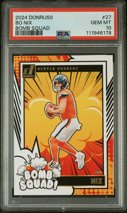 Graded 2024 Panini Donruss Bo Nix #27 Bomb Squad Rookie RC Football Card PSA 10 Gem Mint