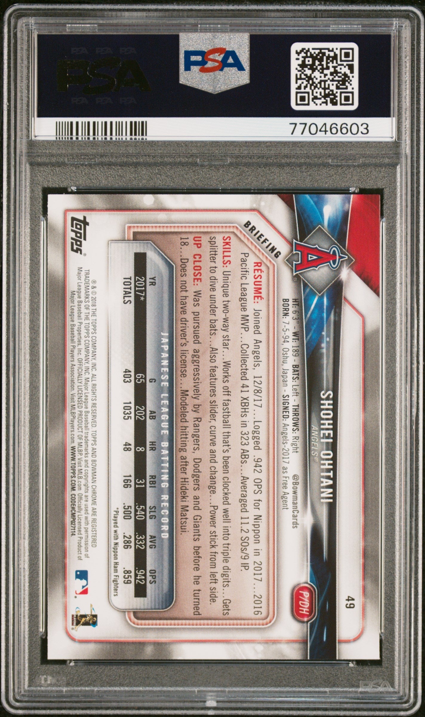 Graded 2018 Topps Bowman Shohei Ohtani #49 Rookie RC Baseball Card PSA 10 Gem Mint