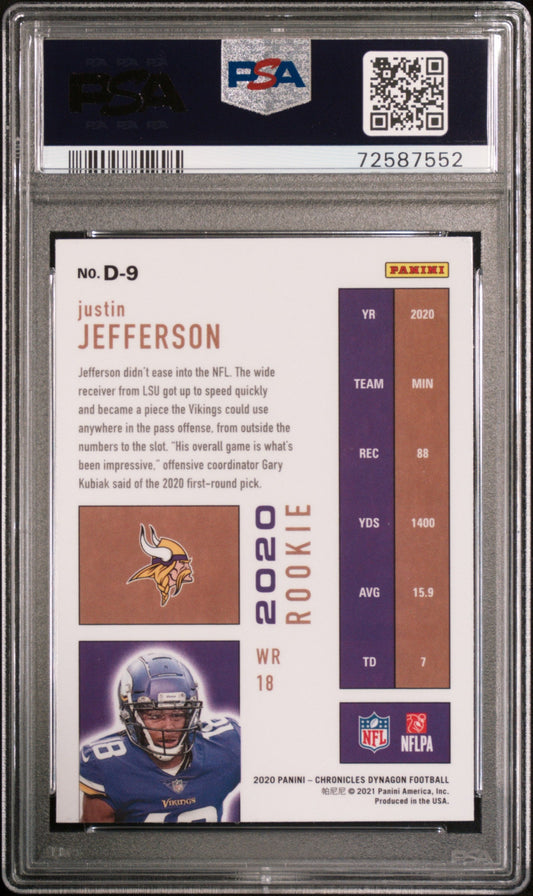 Graded 2020 Panini Chronicles Justin Jefferson #D9 Dynagon Rookies RC Football Card PSA 10 Gem Mint