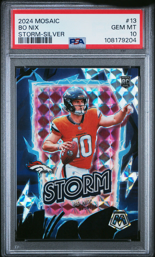 Graded 2024 Panini Mosaic Bo Nix #13 Storm Silver Rookie RC Football Card PSA 10 Gem Mint