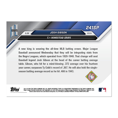 2024 Topps Now Josh Gibson #241SP #/372 Baseball Card