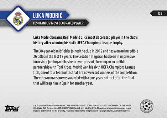 2024 Topps Now Luka Modric #136 Purple #/99 Soccer Card
