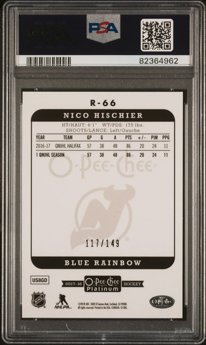 Graded 2017 UD O.P.C Platinum Nico Hischier #R-66 Retro-Blue Rainbow #/149 Rookie RC Hockey Card PSA 10 Gem Mint