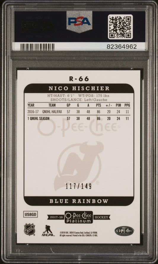 Graded 2017 UD O.P.C Platinum Nico Hischier #R-66 Retro-Blue Rainbow #/149 Rookie RC Hockey Card PSA 10 Gem Mint