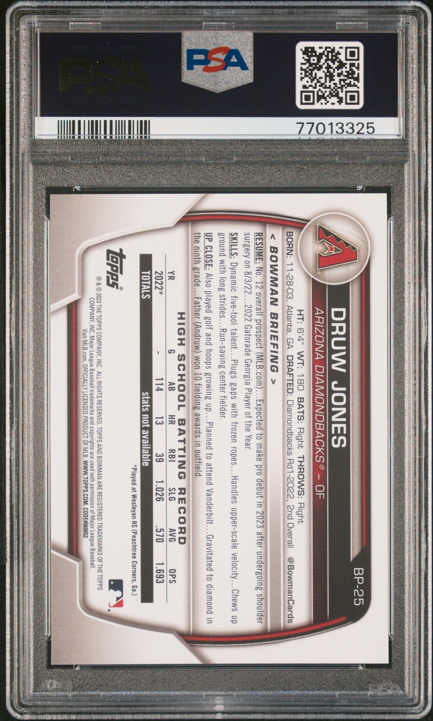 Graded 2023 Topps Bowman Druw Jones #BP25 Paper Prospects Rookie RC Baseball Card PSA 10 Gem Mint