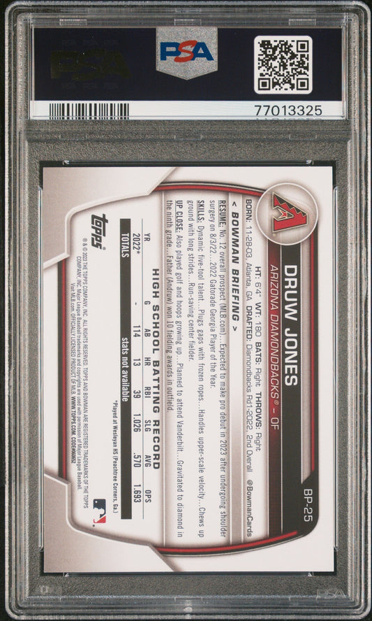 Graded 2023 Topps Bowman Druw Jones #BP25 Paper Prospects Rookie RC Baseball Card PSA 10 Gem Mint
