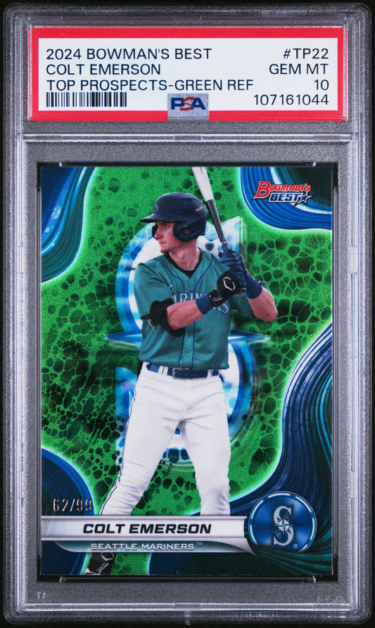 Graded 2024 Topps Bowmans Best Colt Emerson #TP22 Top Prospects Green Refractor /99 Rookie RC Baseball Card PSA 10 Gem Mint
