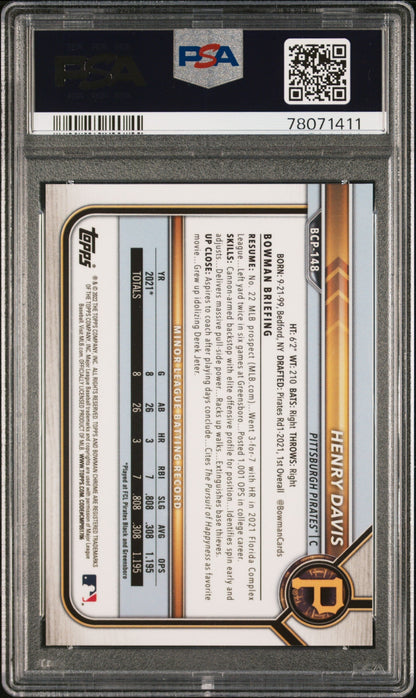 Graded 2022 Topps Bowman Henry Davis #BCP148 Chrome Prospects Speckle Refractor #/299 Rookie RC Baseball Card PSA 10 Gem Mint