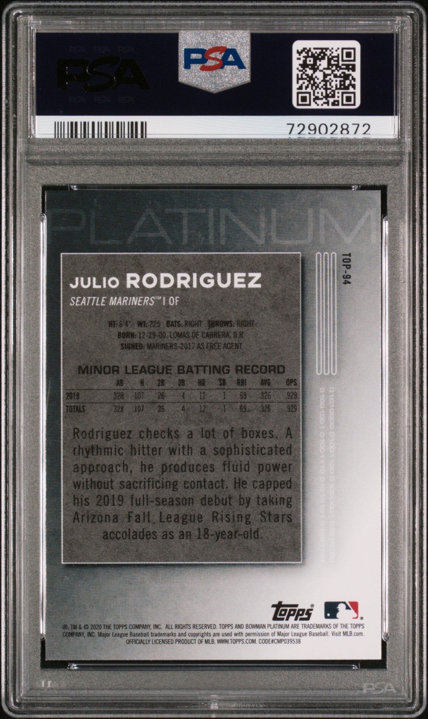 Graded 2020 Topps Bowman Platinum Julio Rodriguez #TOP94 Top Prospects Rookie RC Baseball Card PSA 10 Gem Mint