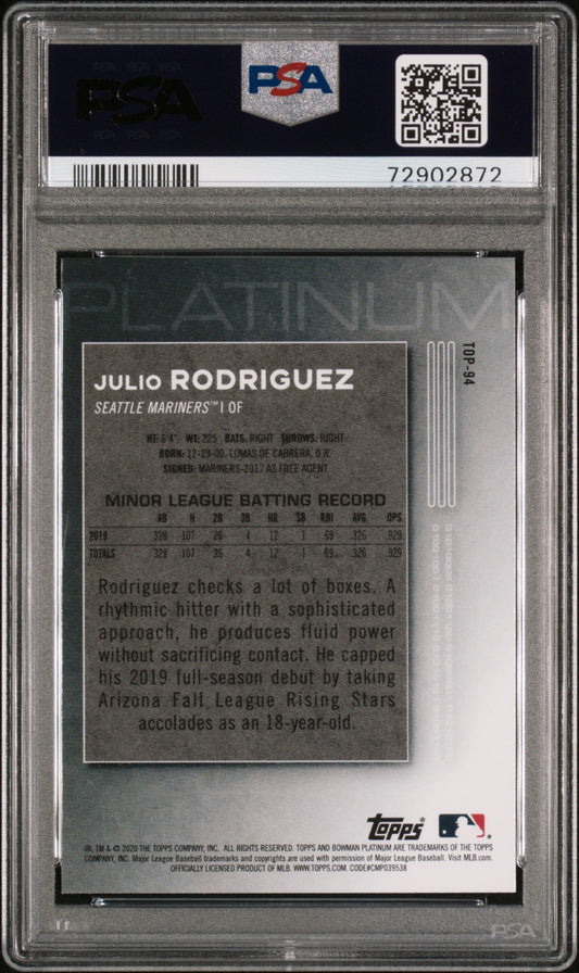 Graded 2020 Topps Bowman Platinum Julio Rodriguez #TOP94 Top Prospects Rookie RC Baseball Card PSA 10 Gem Mint