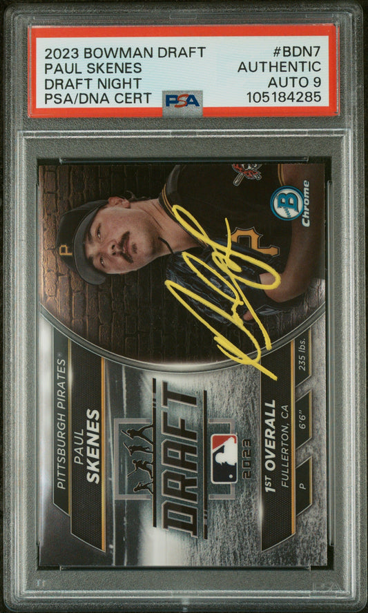 Graded 2023 Topps Bowman Draft Paul Skenes #BDN7 Draft Night Rookie RC Baseball Card PSA 9 Auto Grade Mint