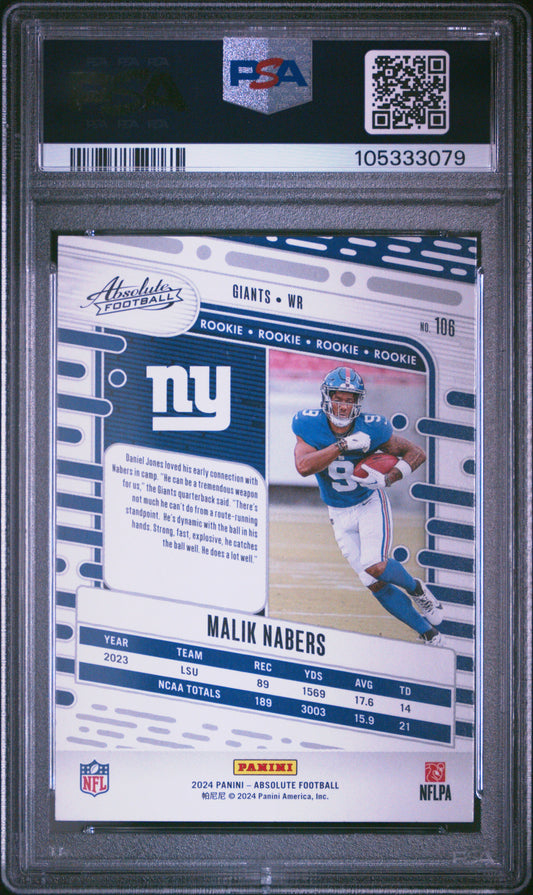 Graded 2024 Panini Absolute Malik Nabers #106 Rookie RC Football Card PSA 10 Gem Mint