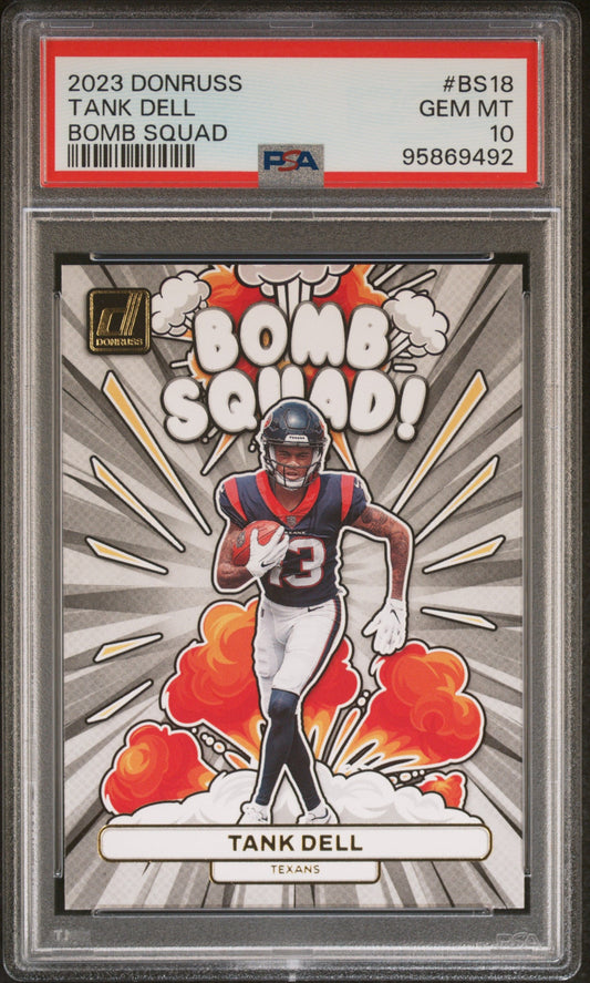Graded 2023 Panini Donruss Tank Dell #BS18 Bomb Squad Rookie RC Football Card PSA 10 Gem Mint
