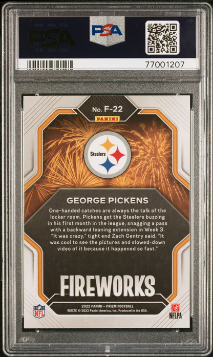 Graded 2022 Panini Prizm George Pickens #F22 Fireworks Rookie RC Football Card PSA 10 Gem Mint
