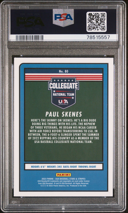 Graded 2023 Panini Stars & Stripes USA Paul Skenes #80 Rookie RC Baseball Card PSA 10 Gem Mint