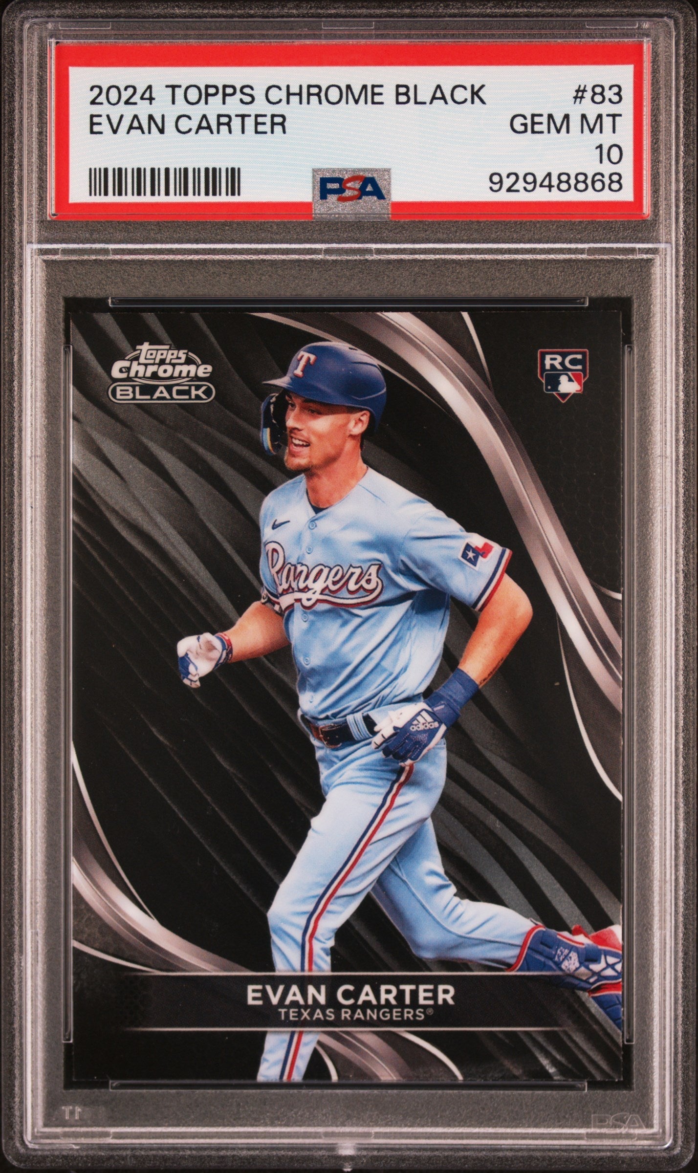 Graded 2024 Topps Chrome Black Evan Carter #83 Rookie RC Baseball Card PSA 10 Gem Mint